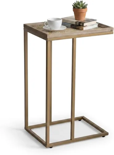 Vista 11 de COZAYH Mesa auxiliar de sofá en forma de C de granja con bandeja tejida de madera rústica y metal y marco de metal, mesa auxiliar para sala de Negro