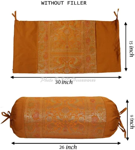 Vista 2 de Fundas de almohada de seda de brocado de jacquard indio para cama, cilíndrico perro caliente marrón, masand de yoga, decoración del hogar, sala