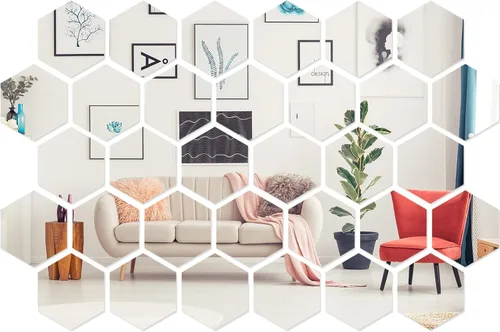 Vista 7 de Shappy 32 piezas de pegatinas de espejo de pared en forma de hexágono extraíbles, pegatinas de espejo de acrílico plateado en forma de panal