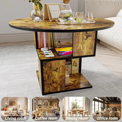 Vista 6 de Elephance Mesa de centro redonda con almacenamiento, mesa de centro de 3 niveles para sala de estar, mesa de madera marrón caramelo con marco negro