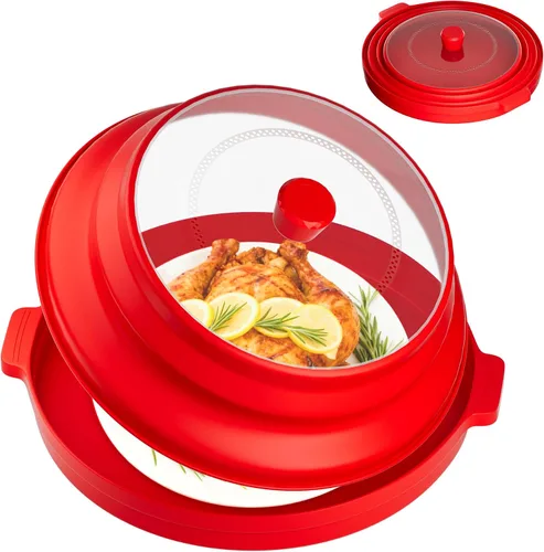 Vista 9 de Cubierta 2 en 1 para salpicaduras de microondas para alimentos con placa base antiquemaduras, tapa grande de plástico y silicona plegable
