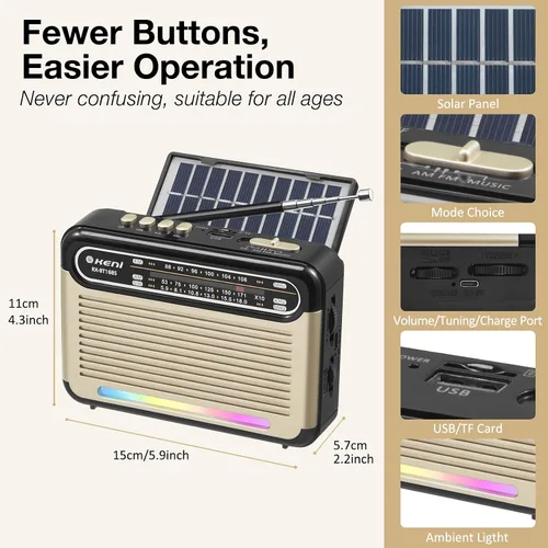 Vista 6 de G Keni Radio solar portátil AM FM SW con batería recargable, radio Bluetooth de onda corta, recepción fuerte, entrada de tarjeta USB/TF, panel