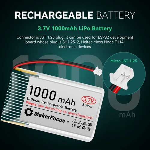 Vista 2 de Batería recargable de polímero de litio de 3.7 V 1000 mAh con placa de protección, cinta de goma aislada y enchufe JST 1.25 para placa de desarrollo