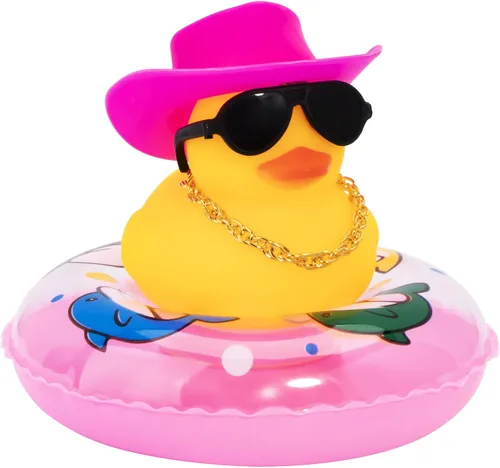 Vista 21 de wonuu Pato de goma para automóvil, decoración de pato amarillo con sombrero para el sol, anillo de natación, collar, gafas de sol para decoración