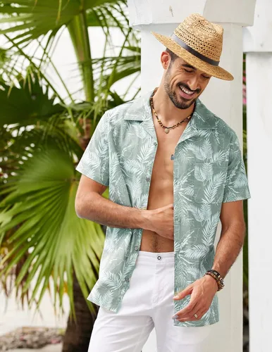 Vista 3 de COOFANDY Camisas florales hawaianas de algodón y lino con botones tropicales para hombre