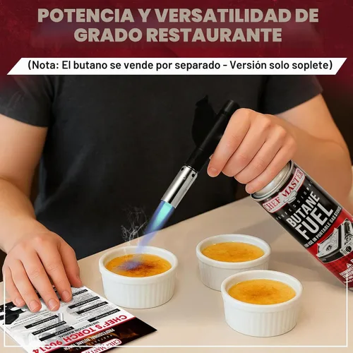 Vista 4 de Combo de Encendedor de Antorcha de Butano con 4 x 8 oz. de Combustible de Butano de Chef Master, Antorcha de Cocina Recargable para Brulee, Postres