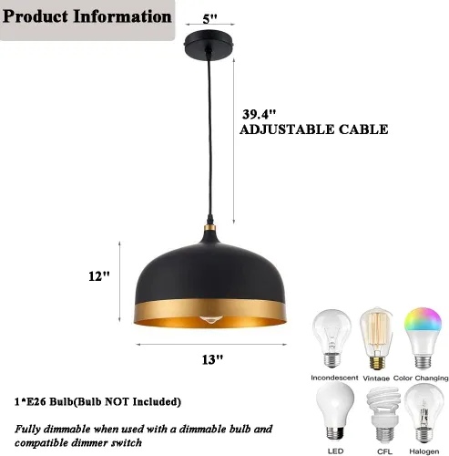 Vista 4 de Lámpara colgante de cocina negra y dorada, color negro mate, ajustable, 1 luz, mini candelabros de mediados de siglo, lámpara colgante de techo