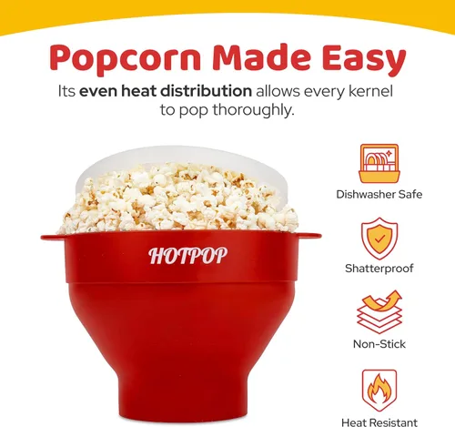 Vista 6 de The Orginal HOTPOP - Máquina para hacer palomitas de maíz de silicona, para microondas con asas, cuenco plegable, resistente al calor, fácil
