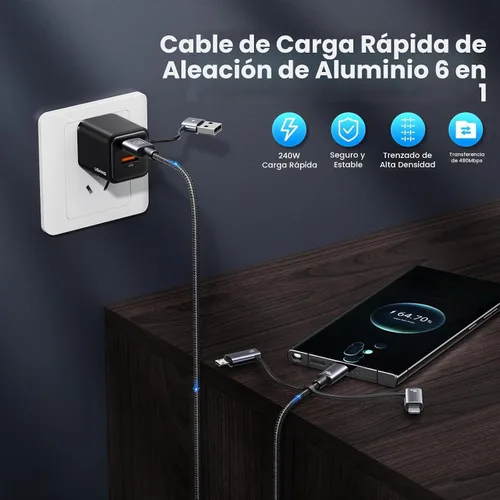 Vista 2 de Cable de carga múltiple de 240 W, cable USB C 6 en 1 de 4 pies, cables de carga rápida con puertos USB-C/A a conectores IP/tipo C/micro para Negro