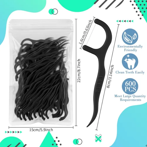 Vista 2 de Baderke 600 púas de hilo dental a granel para adultos, palillos de dientes no rompibles, hilo dental, limpieza dental para viajes familiares (negro)