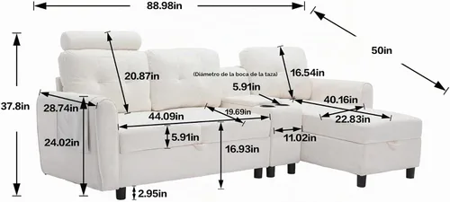 Vista 2 de Sofá seccional en forma de L, moderno sofá modular con diván de almacenamiento, sofá esquinero tapizado en forma de L con soporte para tazas