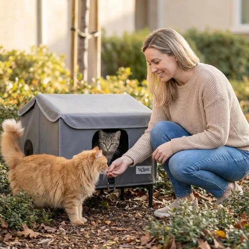 Vista 6 de Casa para gatos al aire libre resistente a la intemperie para primavera y verano, refugio portátil para gatos callejeros, sin instalación, plegable