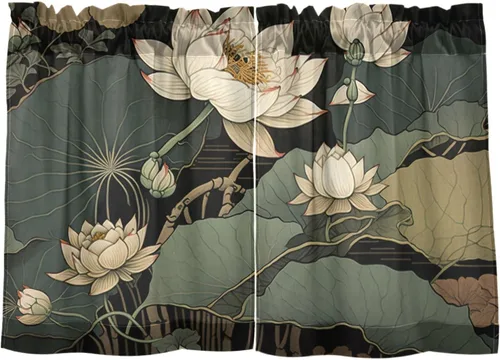 Vista 2 de Vnurnrn Cortinas de media ventana (loto estilo japonés) para dormitorio, cortinas de cocina de granja para ventana pequeña, baño, sótano, caravana