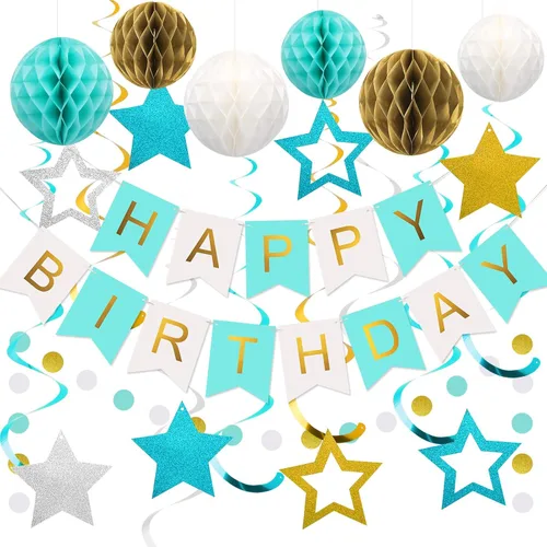 Vista 17 de meowtastic - Decoraciones de cumpleaños, pancarta de feliz cumpleaños con bolas de panal de abeja, serpentinas colgantes de estrellas, guirnalda