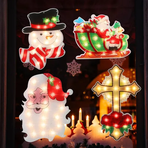 Vista 8 de 4 piezas de decoración de silueta de ventana de Navidad iluminada, estrella de Belén, feliz Navidad, copo de nieve, corona para ventana, decoración