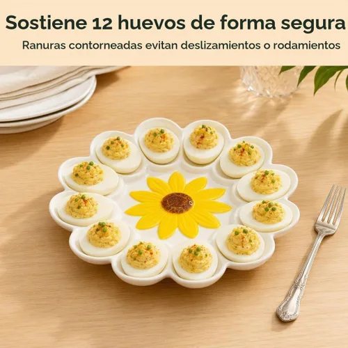 Vista 5 de Bandeja de huevo Deviled de girasol de cerámica - Plato de huevo blanco para fiesta