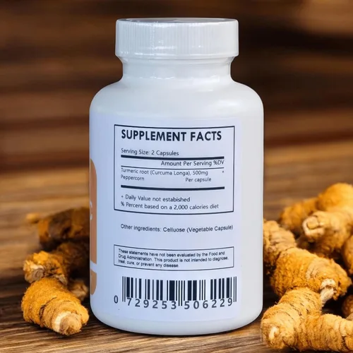 Vista 2 de Polvo de cúrcuma orgánica y pimienta 60 cápsulas de 500 mg cada una (Tumeric - Curcuma Longa)