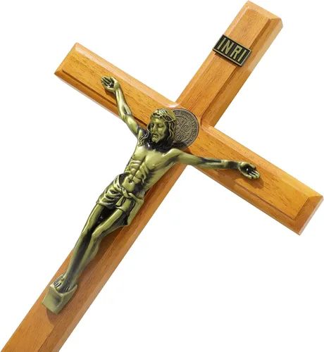 Vista 9 de KOMI Crucifijo de pared de 10 pulgadas, cruz de madera de Jesucristo, cruz católica colgante, decoración de pared, regalos católicos para hombres