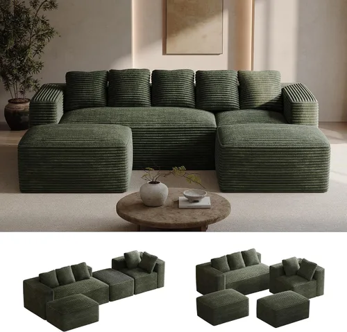 Vista 14 de ONEMMLION - Sofá grande sin hueso de 131 pulgadas con diván, color beige Corduroy, U-Shaped Modular Sectional Couch for Living Room, Memory Foam