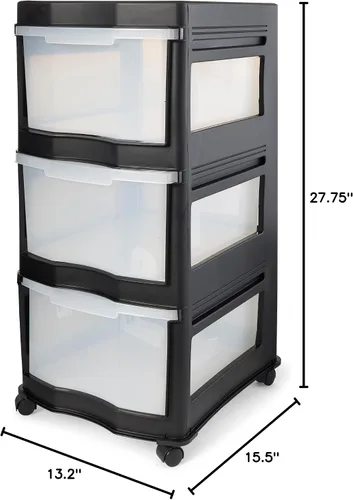 Vista 3 de Life Story Cajones clásicos de almacenamiento de plástico de 3 niveles y organizador con ruedas para uso en el hogar, dormitorio u oficina, Negro