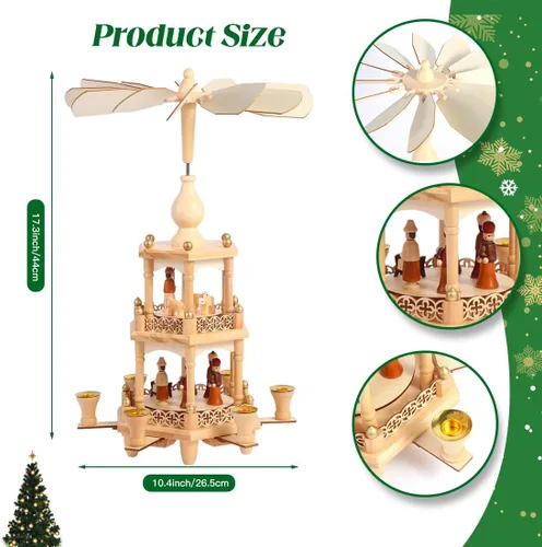 Vista 4 de Pirámides de Navidad con 6 portavelas - 43.2 cm - Carrusel de 3 niveles - Juego de pesebre de madera