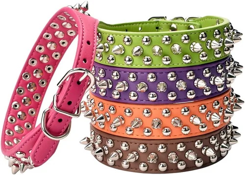 Vista 13 de Collar ajustable de piel sintética con remaches de clavos para gatos, cachorros y perros.