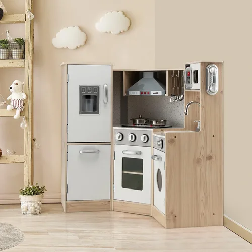 Vista 9 de Costzon Juego de cocina para niños, cocina de juego de simulación de madera 9 en 1 con luz y sonido realistas, máquina de hielo, lavadora