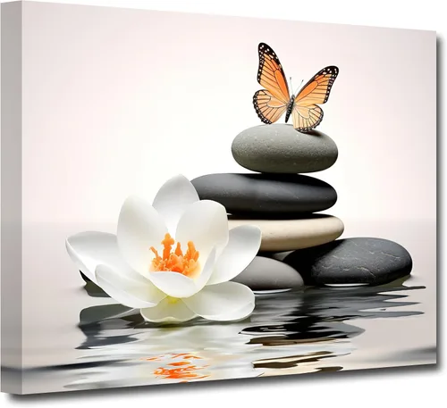 Vista 8 de CXHOSTENT Cuadro zen para decoración de baño, impresiones en lienzo con flores blancas y mariposas sobre piedra, arte de pared para baño, yoga, spa