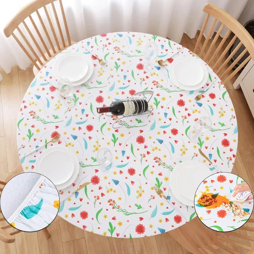 Vista 12 de UMINEUX - Mantel redondo de vinilo ajustable con bordes elásticos y reverso de franela, funda de mesa redonda impermeable, fácil de limpiar
