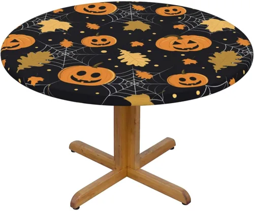 Vista 3 de Famame Mantel redondo ajustable con diseño de hojas de otoño y Halloween, con borde elástico, impermeable, con borde elástico, para interiores