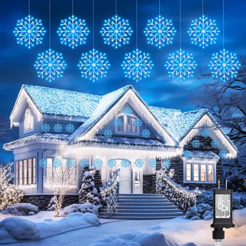 Vista 10 de Luces de Navidad Brightown estilo carámbano para exterior - Enchufe de 3.2 m, 5 gotas, 240 LED, luz de ventana con forma de copo de nieve con 8