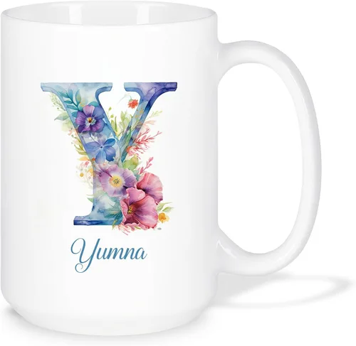 Vista 11 de Taza de café personalizada de la letra A del alfabeto, Taza de café blanca con nombre personalizado único, Taza inicial de monograma floral