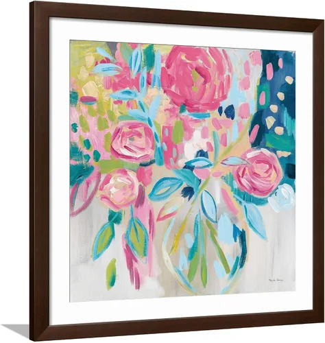 Vista 15 de ART.COM Farida Zaman - Lienzo enmarcado para pared, diseño floral rosa de verano, decoración botánica, 16 x 16 pulgadas, marco negro con paspartú