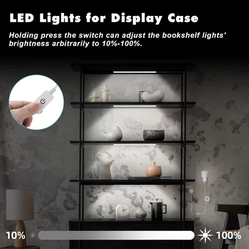 Vista 3 de JUSJUBR Paquete de 4 luces de estante de exhibición de color blanco frío, iluminación debajo del estante con función de memoria, iluminación