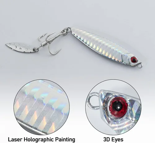 Vista 3 de Dr.Fish Paquete de 5 cucharas de metal para jigging cucharas de pesca de agua salada, señuelos de casting vertical de diamante, señuelos