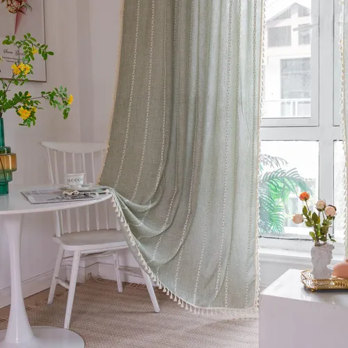 Vista 12 de 2 paneles de cortinas de lino semiopacas para ventana, bohemias y rústicas, con rayas bordadas y bolsillo para cortinero, para sala de estar