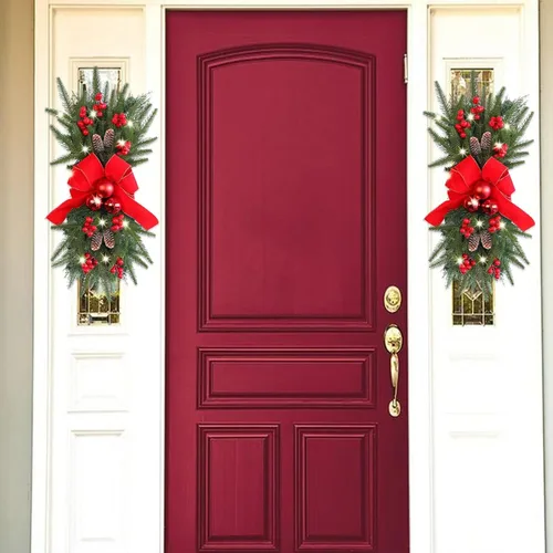 Vista 6 de Guirnalda de escaleras de Navidad preiluminada, guirnalda de Navidad, el borde de escalera preiluminado inalámbrico, coronas de Navidad para puerta