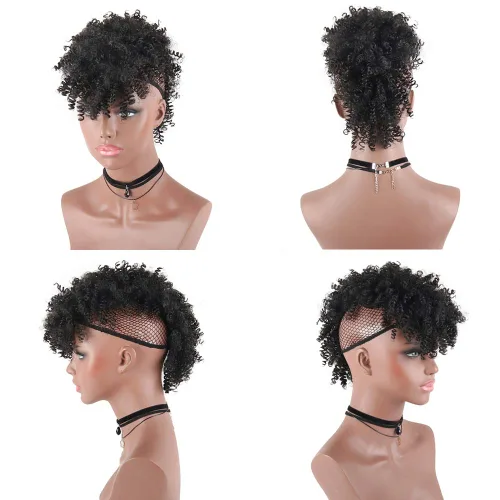 Vista 3 de Aisaide Cola de caballo afro Mohawk alta con flequillo sin cordón, extensión de cola de caballo corta rizada sin cordón, clip sintético en moño