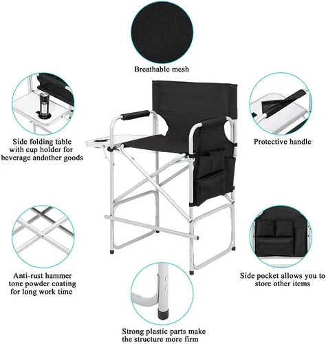Vista 9 de Vasitelan Silla plegable alta para directores con bolsa de almacenamiento para mesa auxiliar, altura de barra portátil para maquilladores, marco