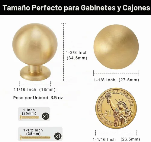 Vista 5 de QOGRISUN Paquete de 2 pomos de latón macizo para gabinete, pomos dorados