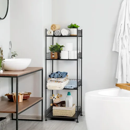 Vista 6 de OYEAL Estantes de baño independientes para toallas de baño, unidad de estantería de alambre de 4 niveles, estante de pie, organizador de piso