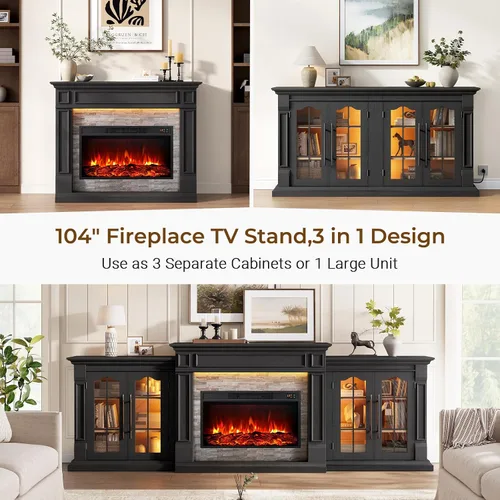 Vista 4 de 8-Color Electric Fireplace TV Stand, 104" Entertainment Center with Heater Negro