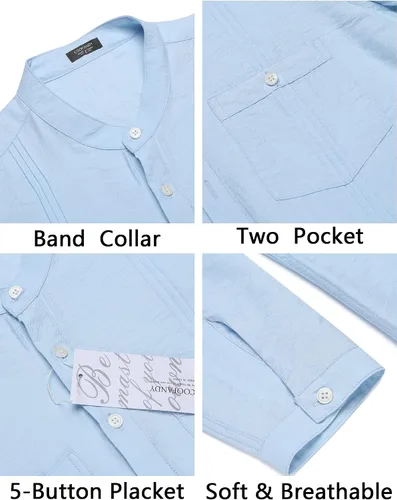 Vista 6 de COOFANDY Camisa Henley de lino para hombre, de manga larga, casual, hippie, de algodón, para playa