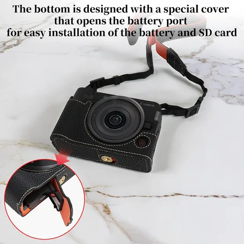 Vista 4 de VOVMOEYA Funda para cámara Canon EOS R50 V, medias fundas de piel sintética con correa para el hombro, ajuste preciso, compatible con trípode