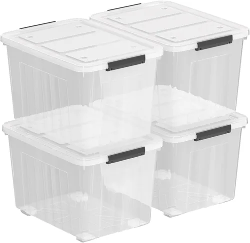 Vista 8 de Paquete de 4 contenedores de almacenamiento de plástico de 30 cuartos de galón con tapas de pestillo y ruedas, contenedor transparente Clear