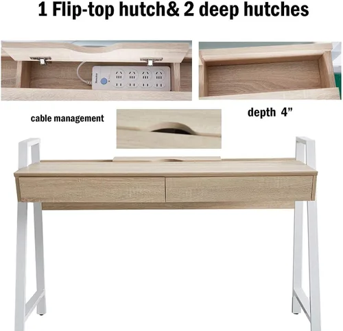 Vista 6 de LUCKYERMORE Escritorio para computadora de oficina en casa, mesa de pie de madera de roble de 50 pulgadas con 2 cajones, escritorio de estudio