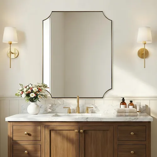 Vista 19 de ANDY STAR Espejo de baño de bronce cepillado, espejo festoneado de 24 x 36 pulgadas para baño, espejo rectangular de bronce antiguo con marco
