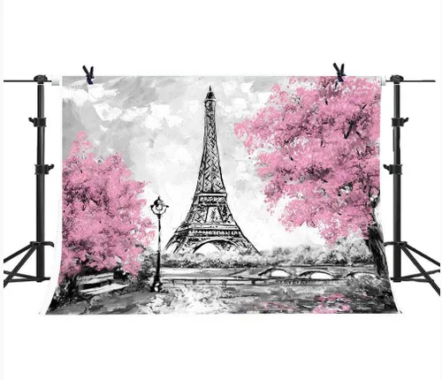Vista 4 de Telones de fondo de la Torre Eiffel de París de 9 x 6 pies para fotografía, flores rosas, árboles, amantes de la foto, accesorios de estudio de boda
