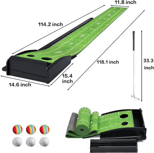 Vista 5 de Losbenco Putting Green - Juego de golf para interiores con putter y 6 bolas, tapete de práctica de golf portátil con sistema de retorno automático