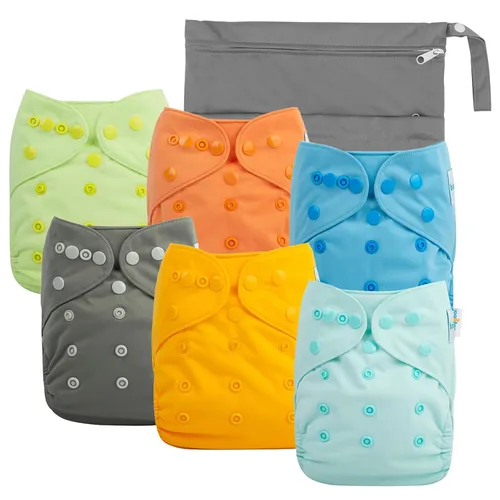 Vista 10 de babygoal - Juego de 6 fundas para pañales de tela con bolsa húmeda para pañales ajustables y predoblados con doble refuerzo, ajustables